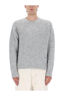 Ami Paris men’s alpaca sweater grey featuring a soft heather gray crewneck with subtle textured knit and ribbed cuffs