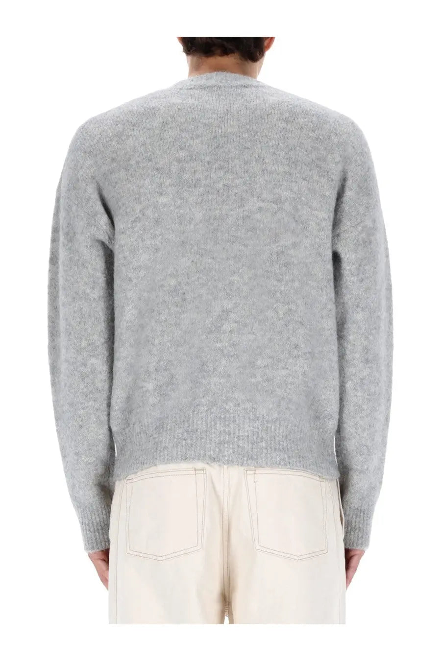 Ami Paris men’s alpaca sweater in soft heather gray knit with relaxed fit and ribbed cuffs