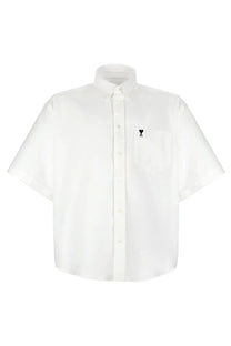 Ami paris men’s white short-sleeved button-up shirt with black embroidered logo on left chest pocket