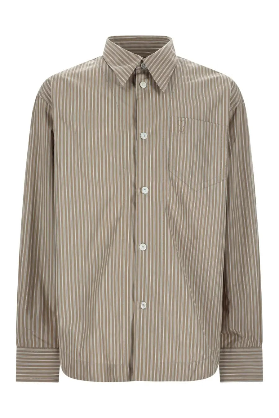 Ami Paris men’s beige cotton button-up shirt with vertical white stripes and subtle embroidered chest logo
