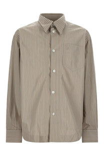 Ami Paris men’s beige cotton button-up shirt with vertical white stripes and subtle embroidered chest logo