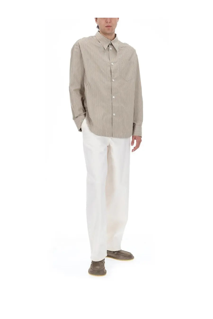 Ami Paris men’s camicia beige cotton long-sleeved button-up shirt with vertical stripes and classic collar