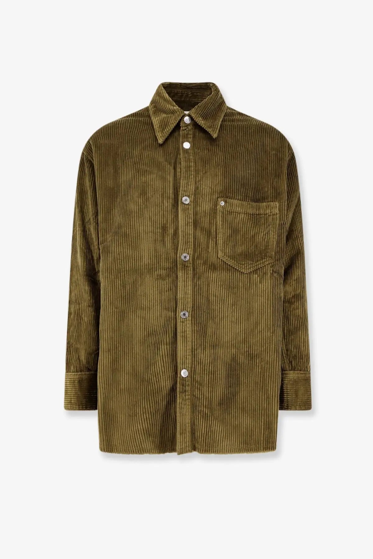 Ami Paris men’s olive green corduroy button-up shirt with classic collar and chest pocket in bronze shade