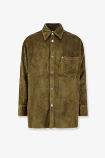 Ami Paris men’s olive green corduroy button-up shirt with classic collar and chest pocket in bronze shade
