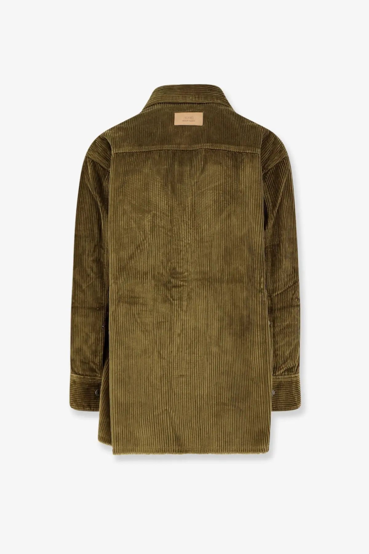 Ami paris men’s olive green corduroy shirt with classic collar and buttoned cuffs in bronze shade