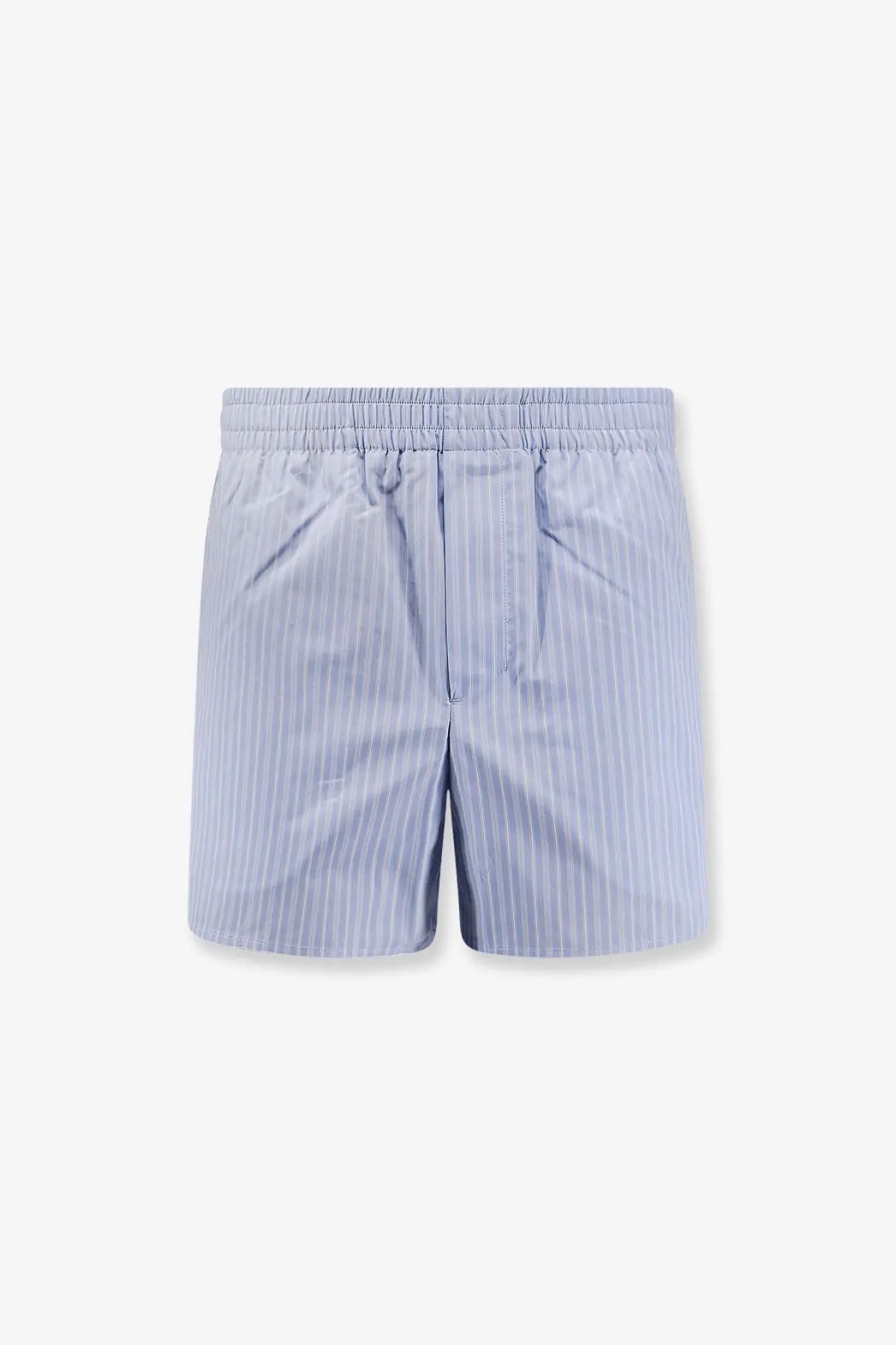 Ami Paris men’s cotton bermuda shorts in light blue and white vertical stripes with elastic waistband