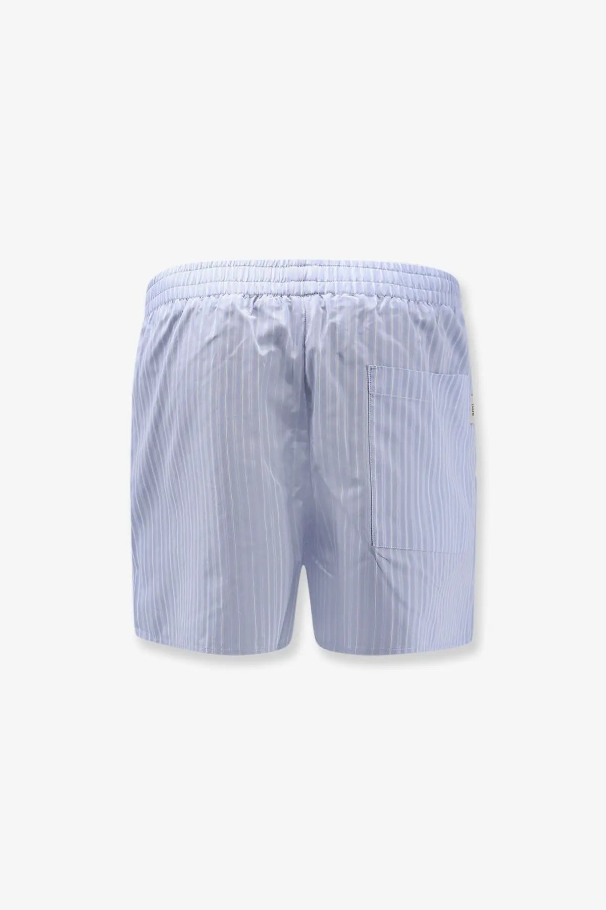 Ami Paris men’s cotton bermuda shorts in light blue and white vertical stripes with an elastic waistband