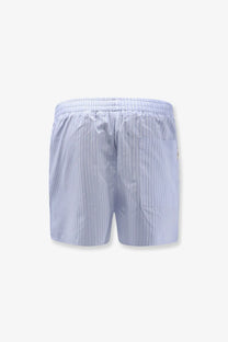Ami Paris men’s cotton bermuda shorts in light blue and white vertical stripes with an elastic waistband