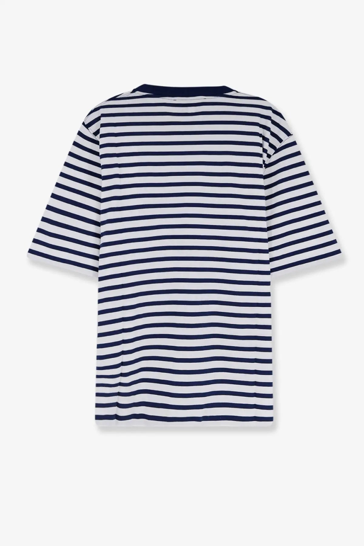 Navy and white horizontally striped ami paris men’s cotton shirt with ribbed crew neck and short sleeves
