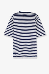 Navy and white horizontally striped ami paris men’s cotton shirt with ribbed crew neck and short sleeves