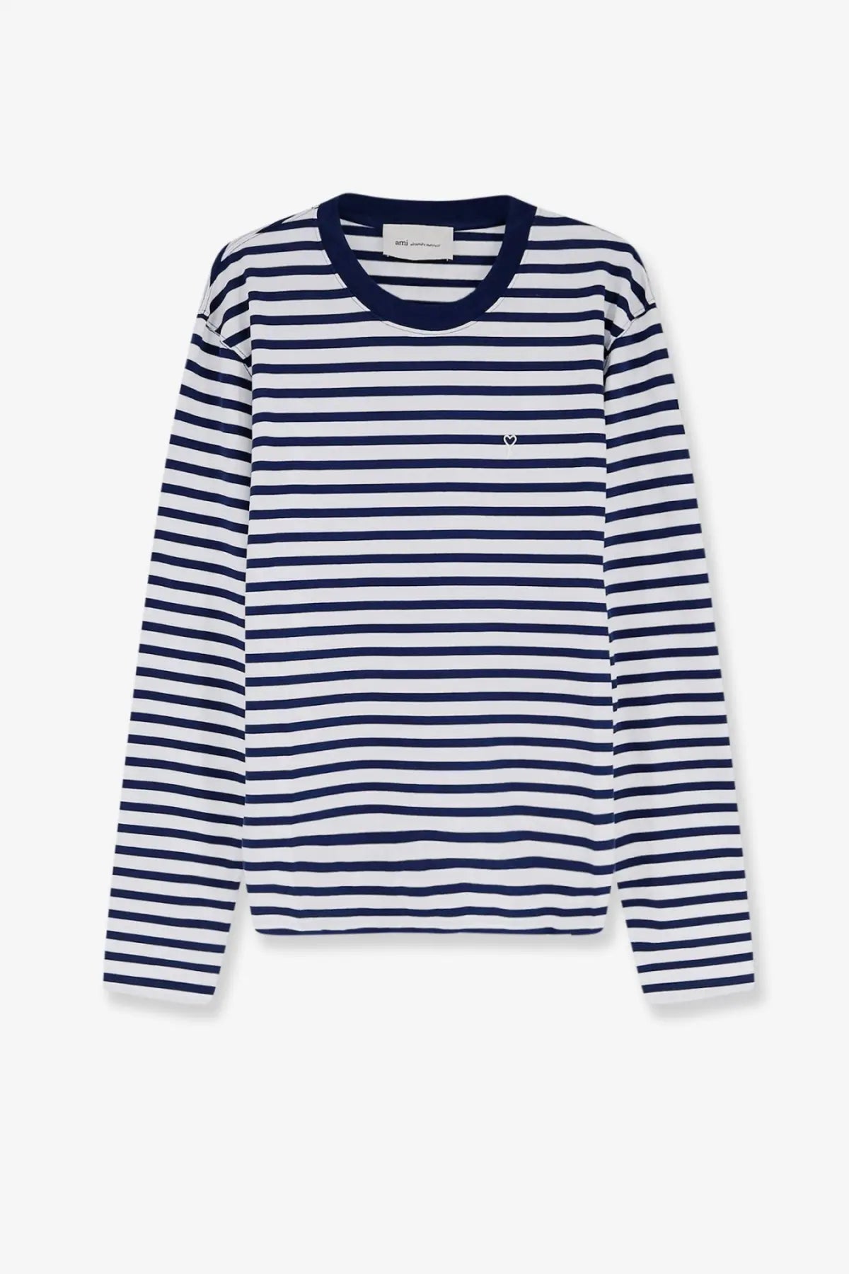Ami Paris men’s cotton shirt navy and white striped long-sleeved top with small heart emblem on the chest