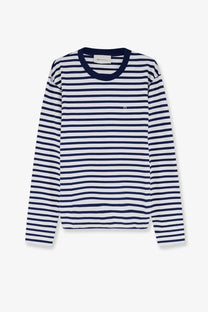 Ami Paris men’s cotton shirt navy and white striped long-sleeved top with small heart emblem on the chest