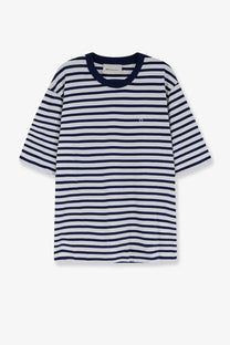 Ami Paris men’s cotton navy and white striped short-sleeve t-shirt with heart embroidery on the chest multicolor