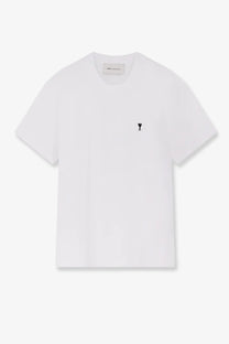 Ami paris men’s white cotton t-shirt with small black embroidered logo on the left chest