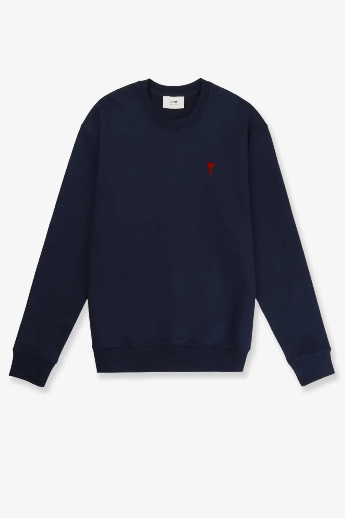 Navy blue amiparis men’s cotton crewneck sweatshirt with small red embroidered logo on left chest