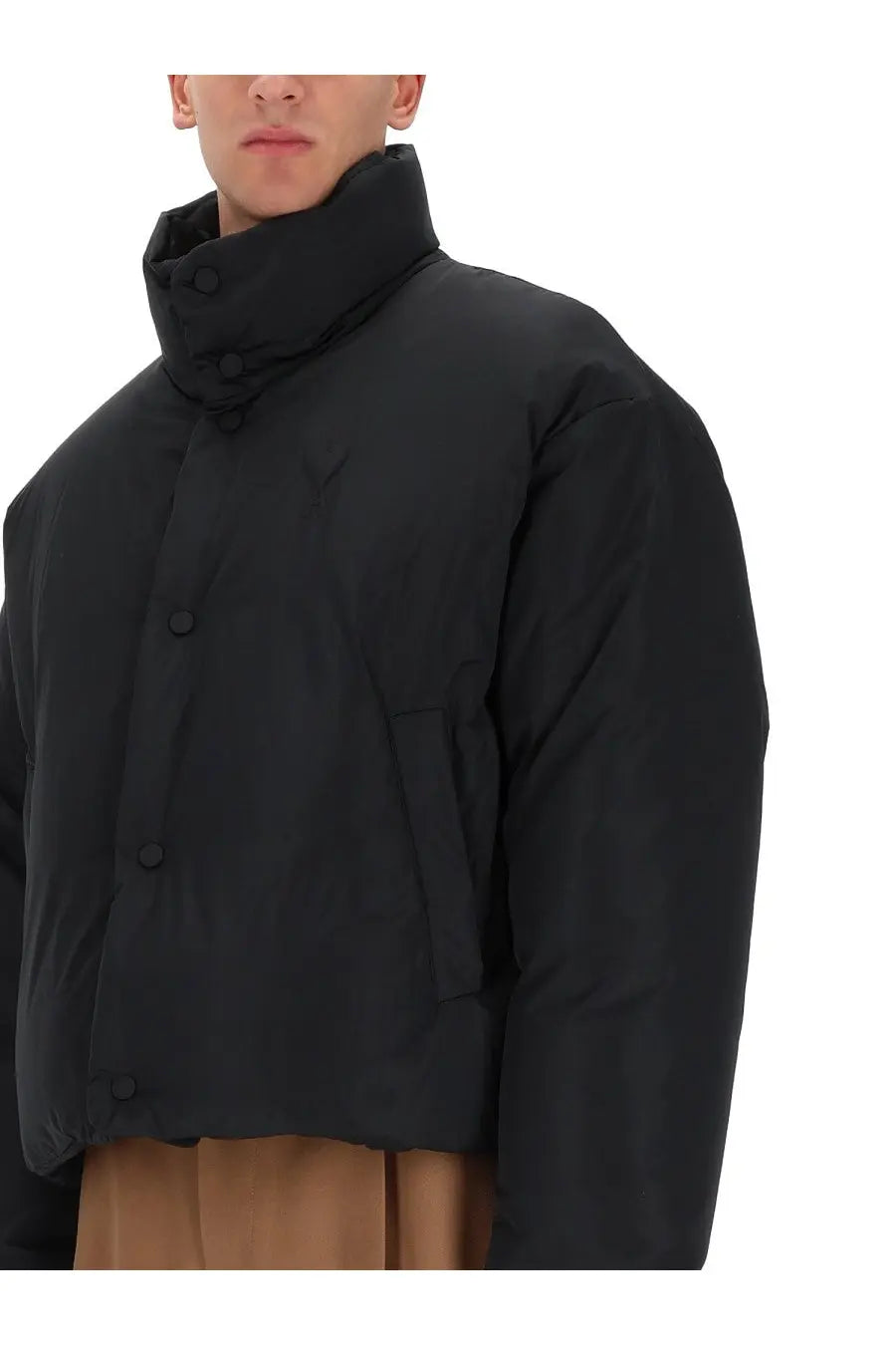 Black puffer jacket with high collar and front button closure from ami paris mens ami de coeur down jacket black