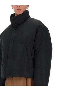 Black puffer jacket with high collar and front button closure from ami paris mens ami de coeur down jacket black