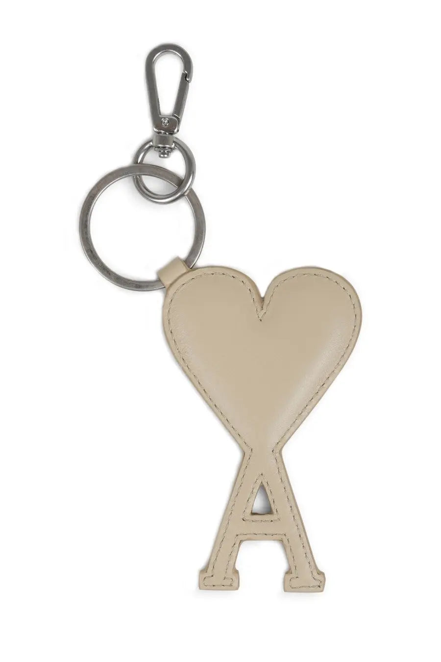 Beige leather heart shaped keychain with metallic clasp and ring from Ami Paris men’s Ami DE Coeur collection white