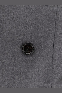 Black button with metallic rim on grey virgin wool fabric of ami paris mens double breasted blazer