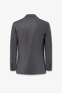 Ami paris men’s double breasted virgin wool blazer in charcoal gray with subtle textured weave and classic notched lapel