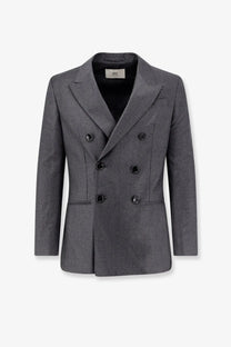 Ami Paris men’s gray double-breasted virgin wool blazer with subtle textured pattern and black buttons