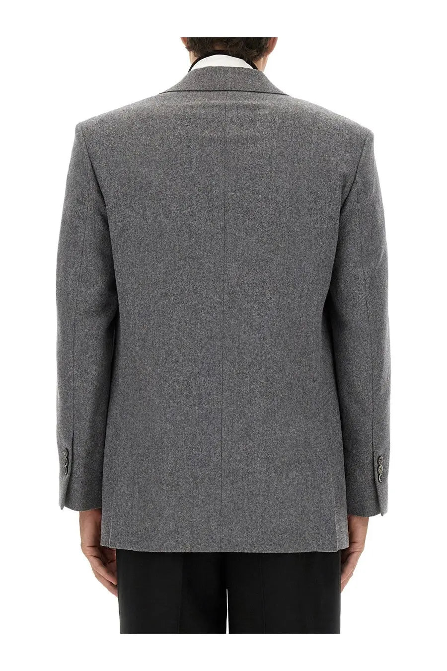 Ami paris men’s double breasted wool jacket grey with gray textured wool blazer and subtle button cuff detailing