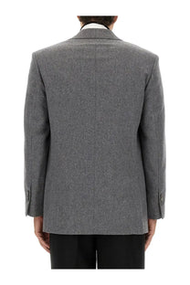 Ami paris men’s double breasted wool jacket grey with gray textured wool blazer and subtle button cuff detailing