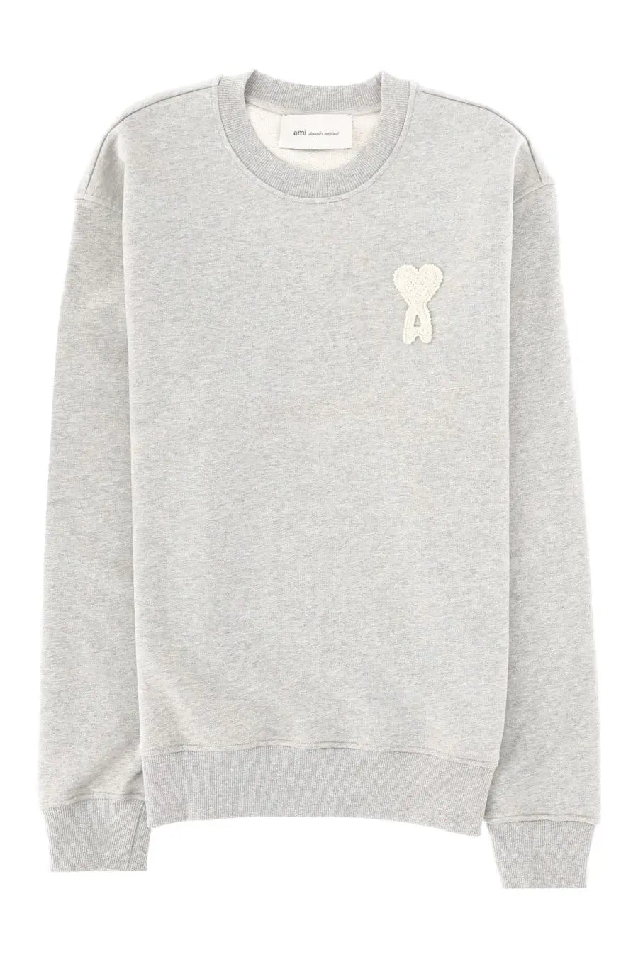 Ami Paris men’s heather gray crewneck sweatshirt with a white embroidered heart logo on the left chest