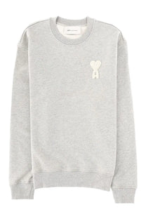 Ami Paris men’s heather gray crewneck sweatshirt with white embroidered heart-shaped logo on left chest