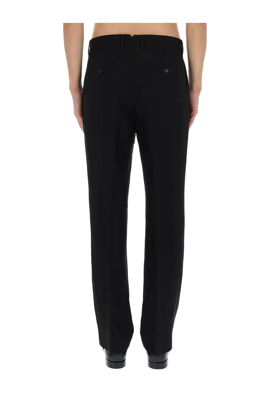 Ami Paris men’s black linen blend tailored trousers with sleek straight-leg cut and subtle front pleats
