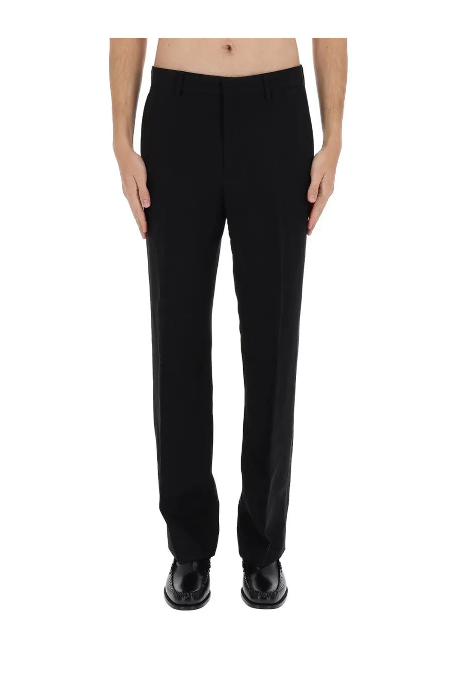 Ami Paris men’s black tailored linen blend straight pants with a sleek straight-leg cut and classic waistband