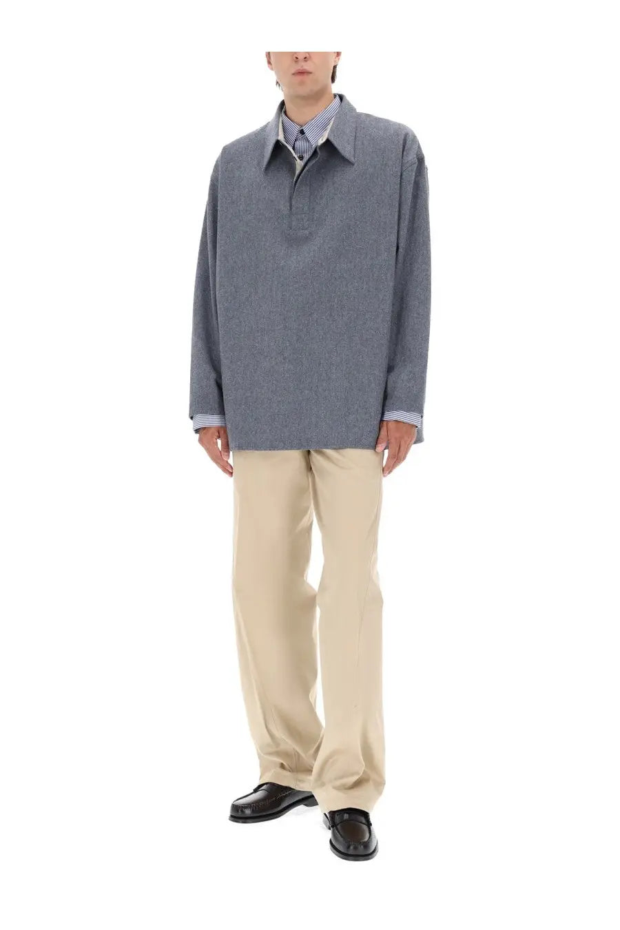 Ami Paris men’s long sleeved polo shirt grey with a gray textured overshirt and blue and white striped cuffs