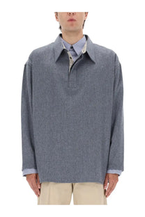 Ami paris men’s long sleeved polo shirt grey woolen overshirt with collar and striped cuffs in gray textured fabric