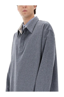 Ami Paris men’s long sleeved polo shirt grey with a gray woolen overshirt featuring a textured weave and light blue striped collar