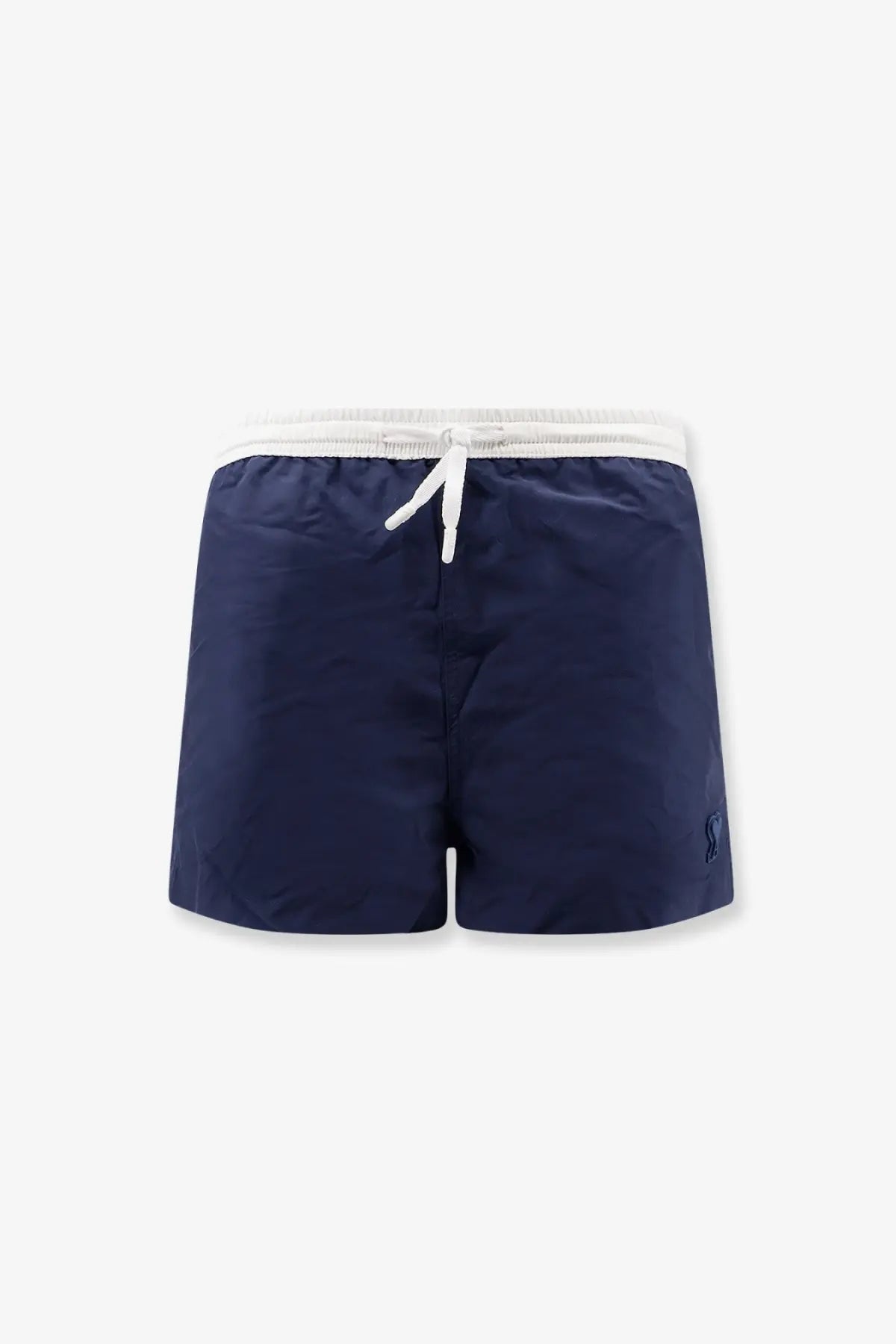Ami Paris men’s navy blue nylon swim trunks with white elastic waistband drawstring and embroidered logo on lower right leg