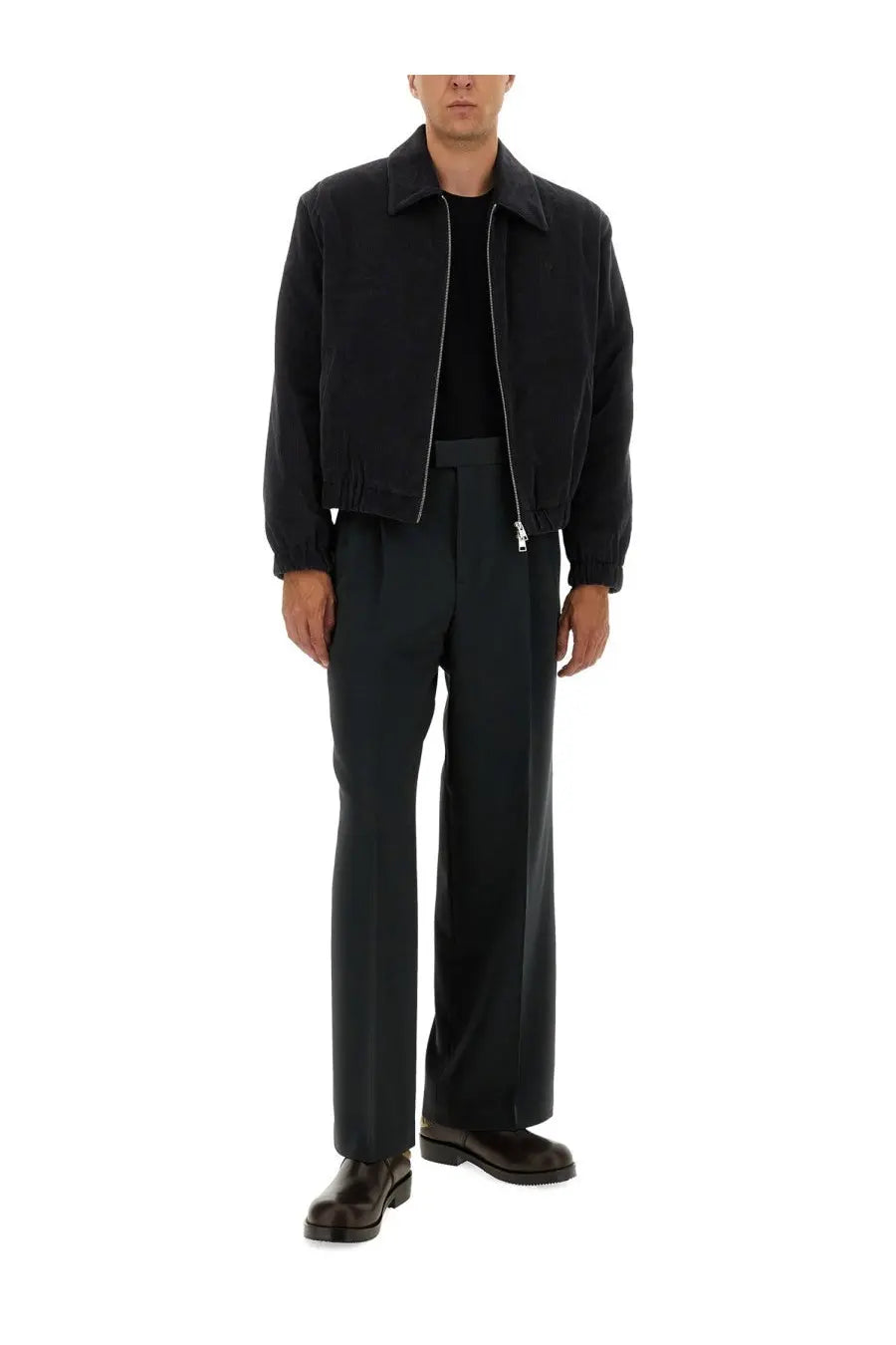 Black corduroy bomber jacket with silver zippers by ami paris men padded jacket grey front view