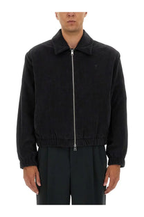 Ami Paris men’s padded jacket grey with black corduroy bomber style silver zipper and ribbed cuffs