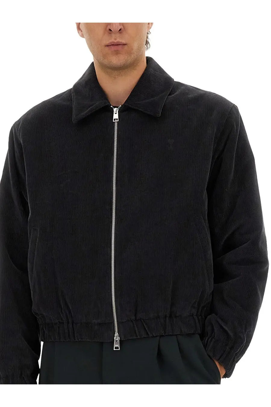 Ami Paris men’s padded jacket grey with black corduroy bomber jacket style silver zipper and ribbed cuffs