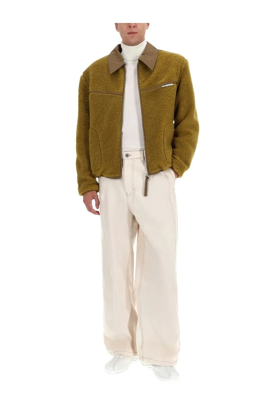 Ami Paris men’s olive green shearling bomber jacket with tan collar and zipper accents made of pile material