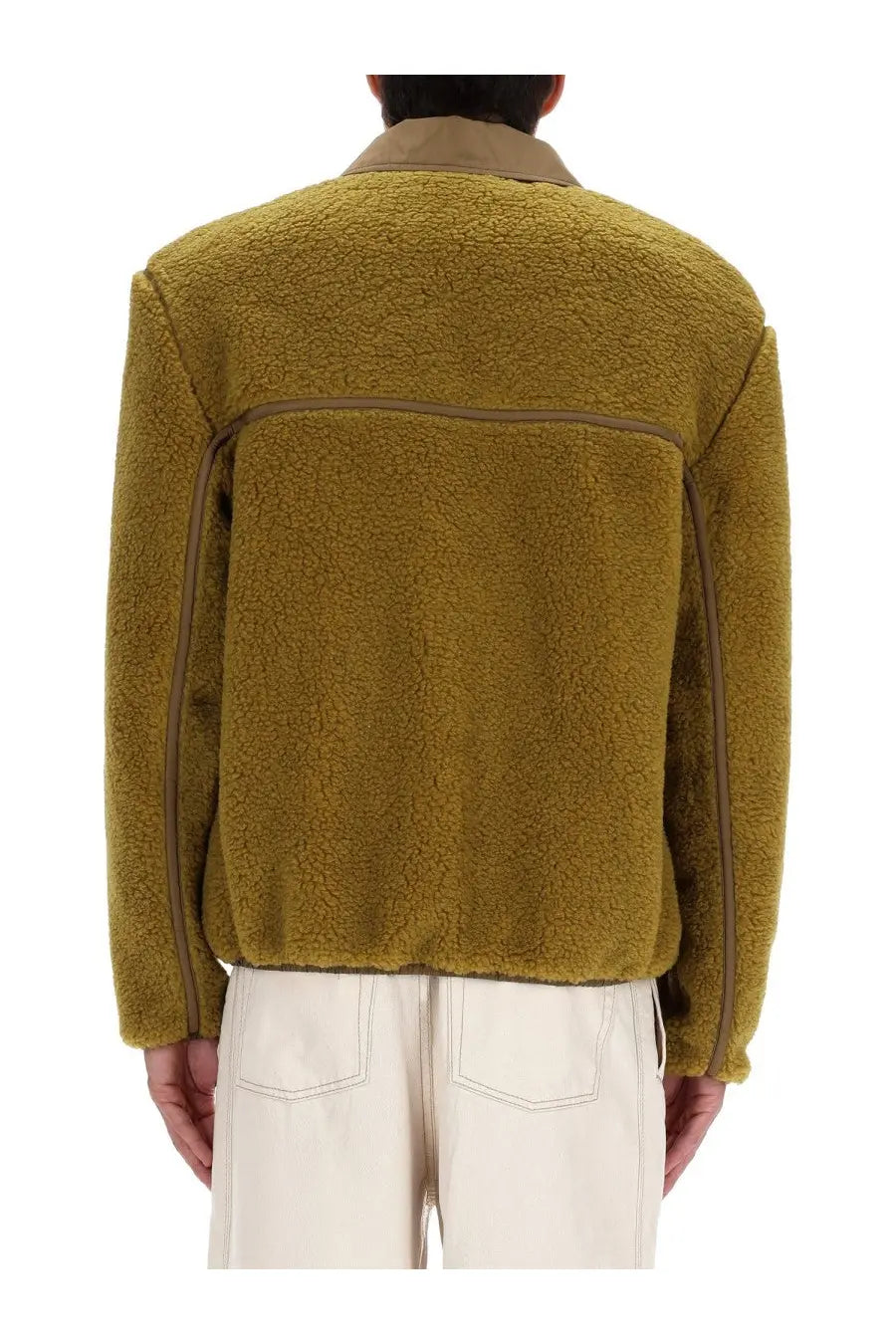 Ami Paris men’s olive green shearling pile jacket with tan collar and sleeve trim in soft warm material