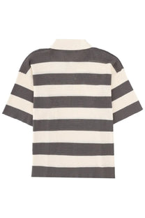 Ami Paris men’s short-sleeved ribbed knit polo shirt with charcoal gray and off-white horizontal stripes