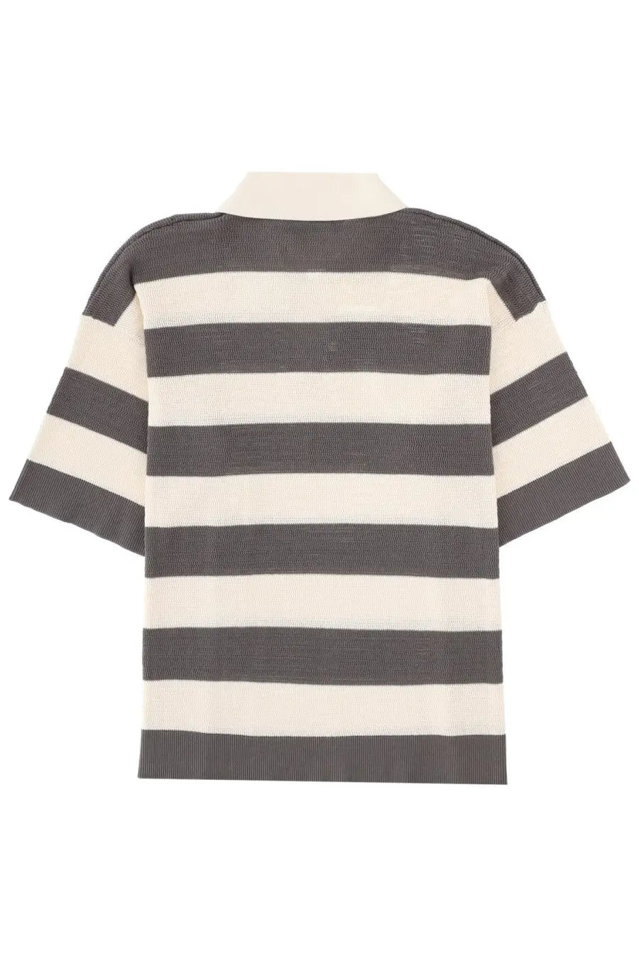 Ami Paris men’s short-sleeved ribbed knit polo shirt with charcoal gray and off-white horizontal stripes