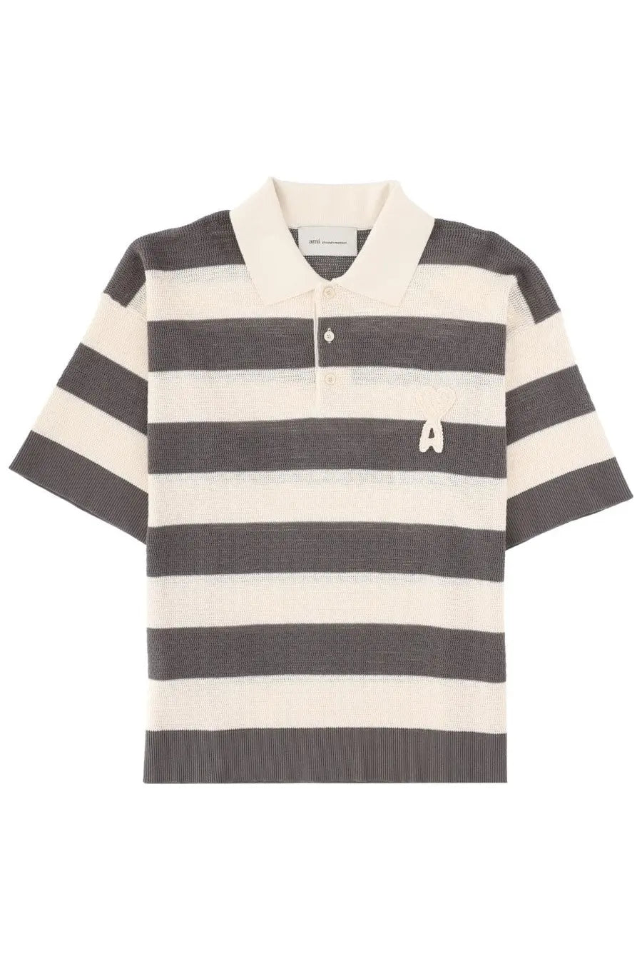 Ami Paris men’s short-sleeved polo shirt in dark gray and off-white stripes with a white embroidered logo on the chest