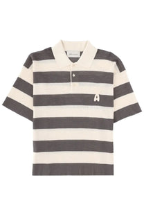 Ami Paris men’s short-sleeved polo shirt in dark gray and off-white stripes with a white embroidered logo on the chest