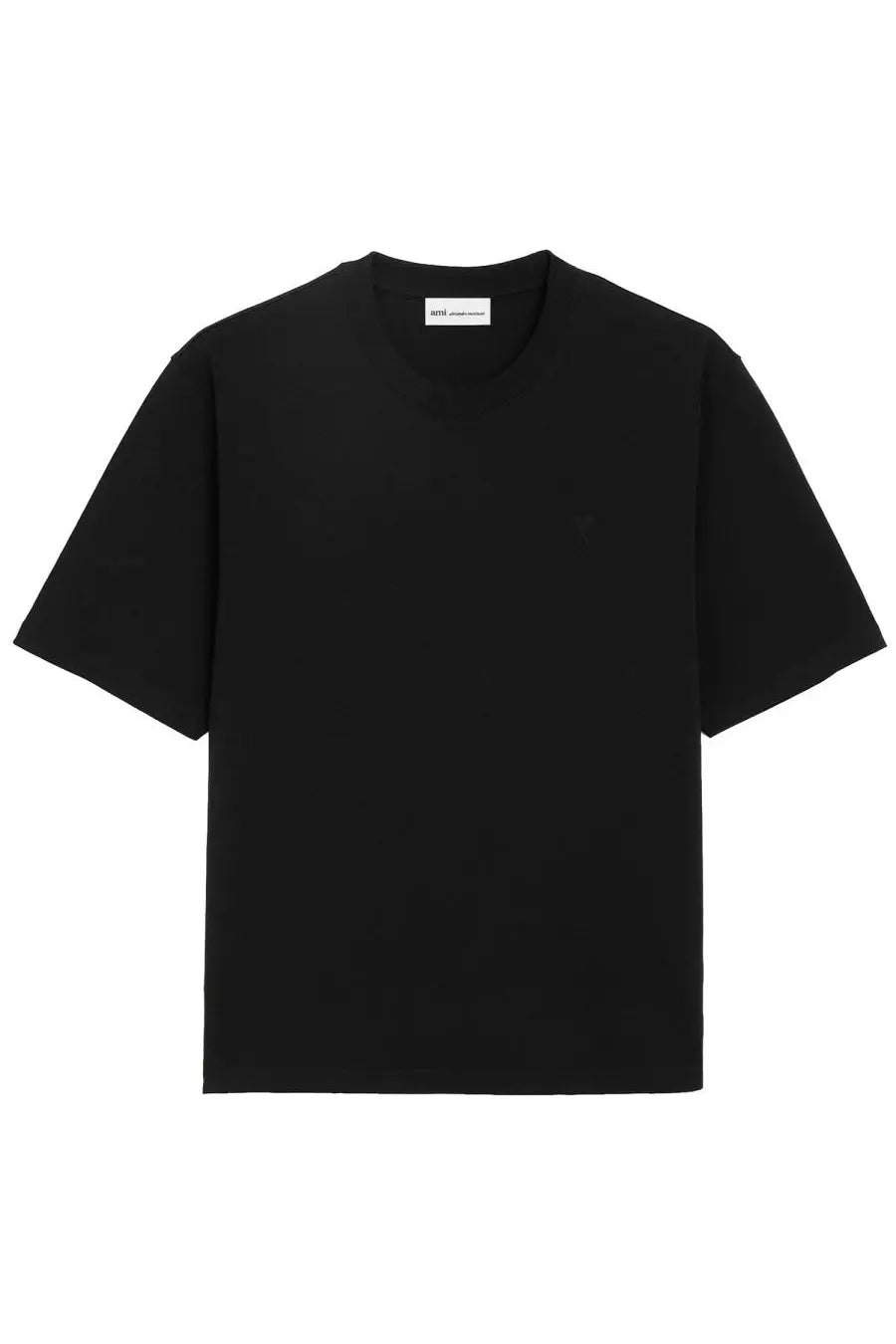 Ami Paris men’s black minimalist crew neck t-shirt with short sleeves and subtle brand tag at the neckline