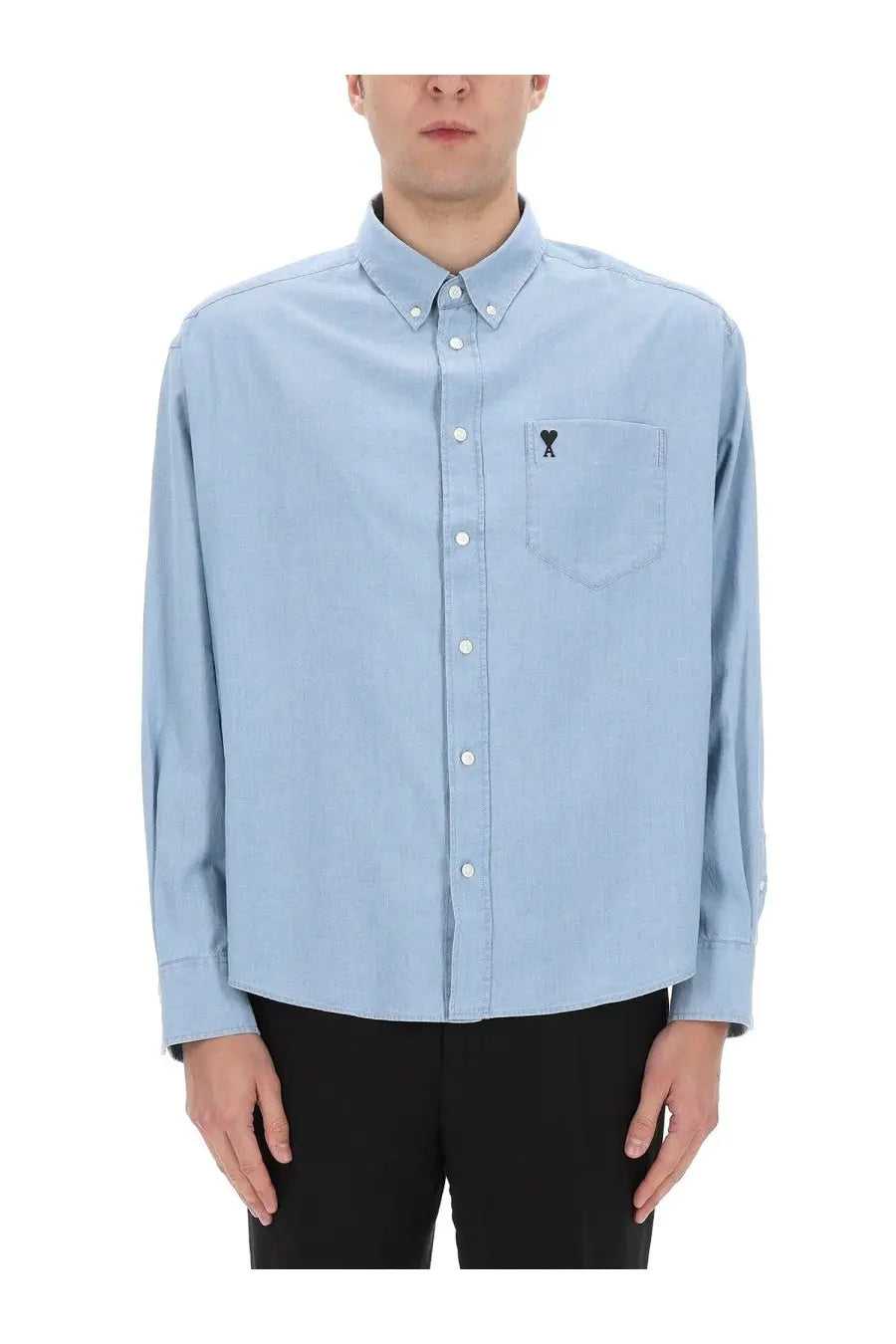 Ami Paris men’s light blue button-down shirt with subtle embroidered logo on the chest pocket