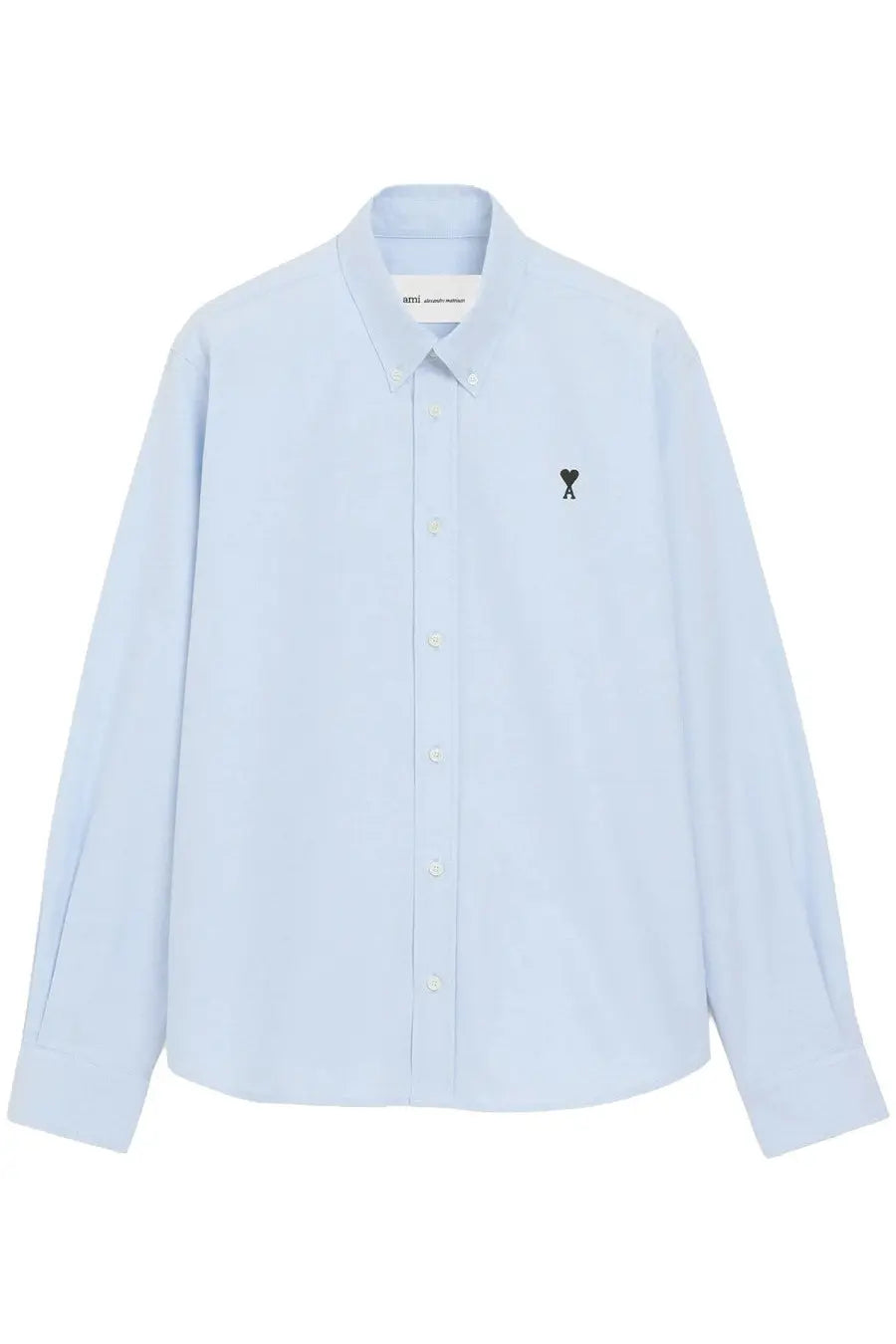 Light blue long-sleeved cotton button-down shirt with small black embroidered heart and a logo on left chest by ami paris