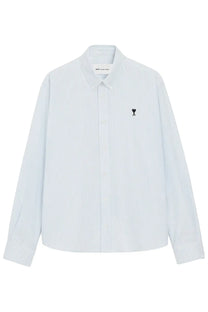 Ami Paris men’s light blue and white striped long-sleeve button-up shirt with black embroidered logo on left chest