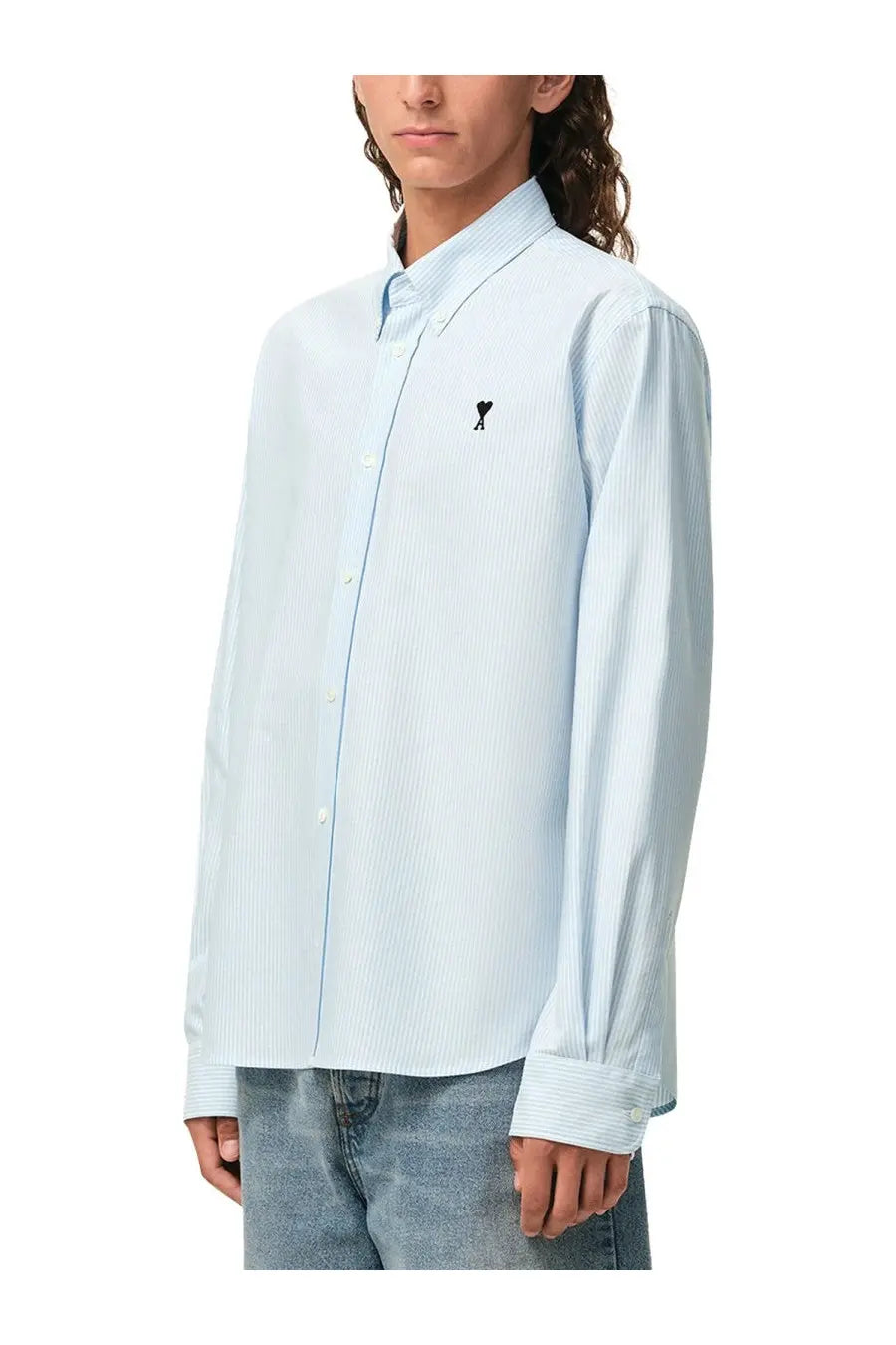 Ami Paris men’s light blue and white striped long-sleeved button-down shirt with black embroidered logo on left chest