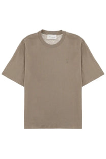 Ami Paris men’s beige short-sleeved crew neck t-shirt with subtle embroidered logo on the left chest